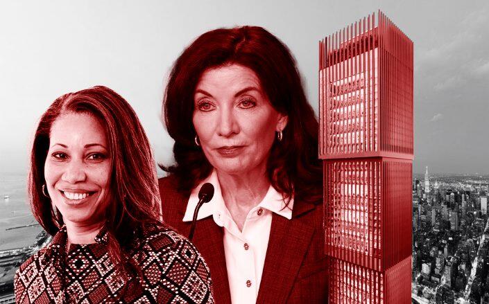 Empire State Development's Hope Knight, Gov. Kathy Hochul (Getty, rendering via Adjaye Associates)