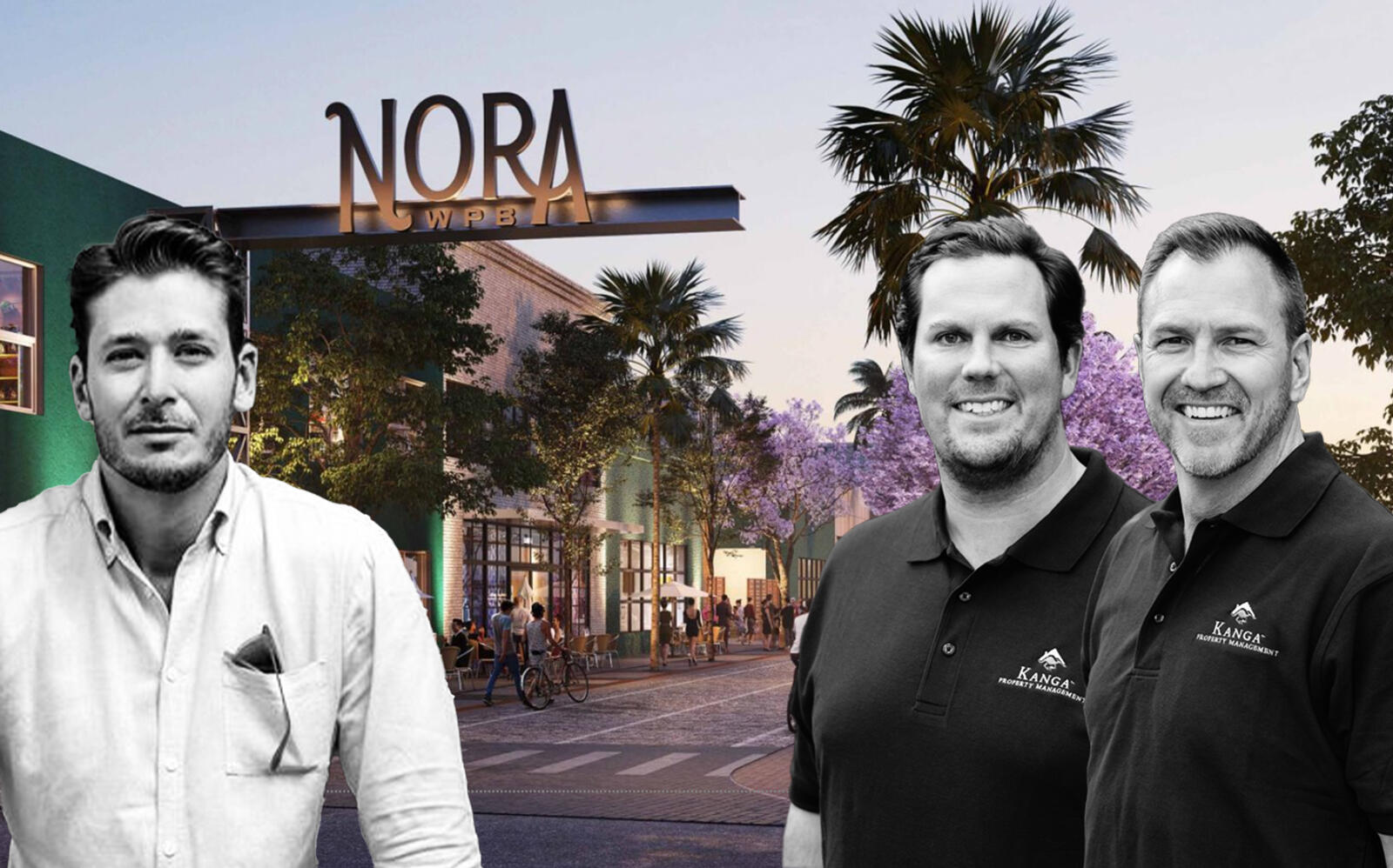 Joe Furst of Place Projects, Ned Grace and Damien Barr of NDT Development and a rendering of the Nora District Redevelopment (ArquitectonicaGEO, Place, Kangra)