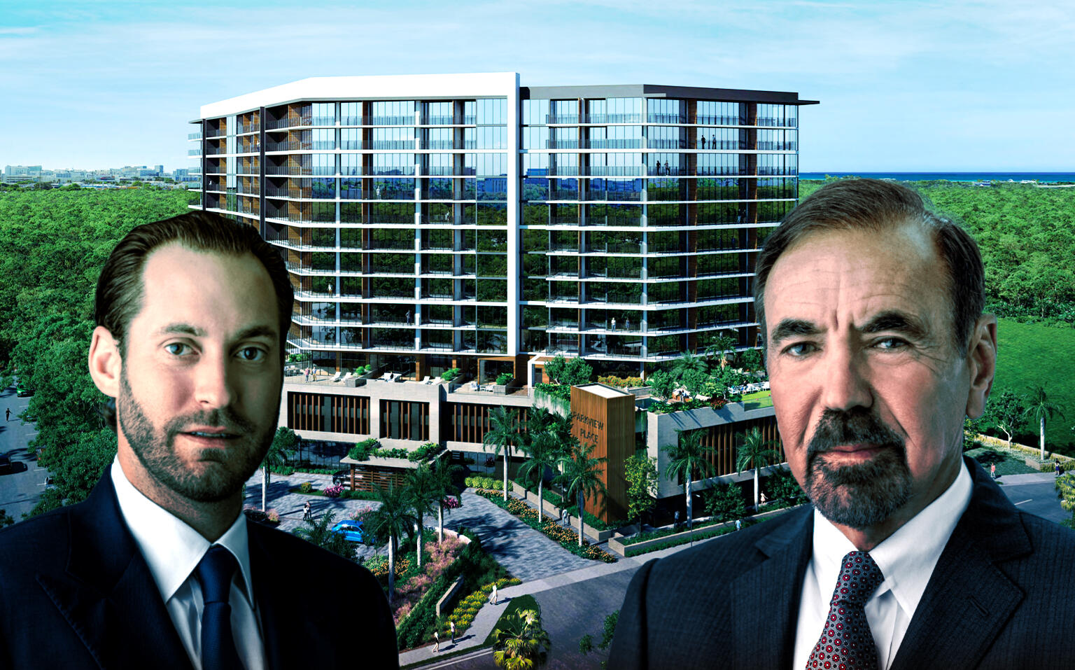 A rendering of Parkview Place in Dania Beach with Related's Jon Paul Pérez and Jorge Pérez (BC Architects and Related)
