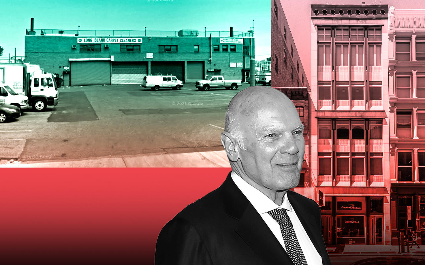 301 Norman Avenue in Brooklyn and 72 Mercer Street with Vornado's Steven Roth (Google Maps, Avison Young, Getty)