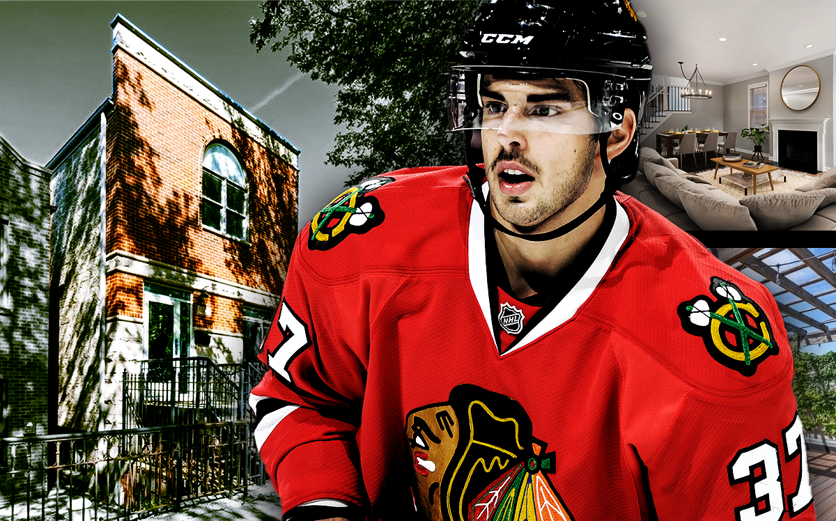 Brandon Pirri, former Chicago Blackhawks center, in front of 1908 West Dickens Avenue (Getty Images, Redfin)