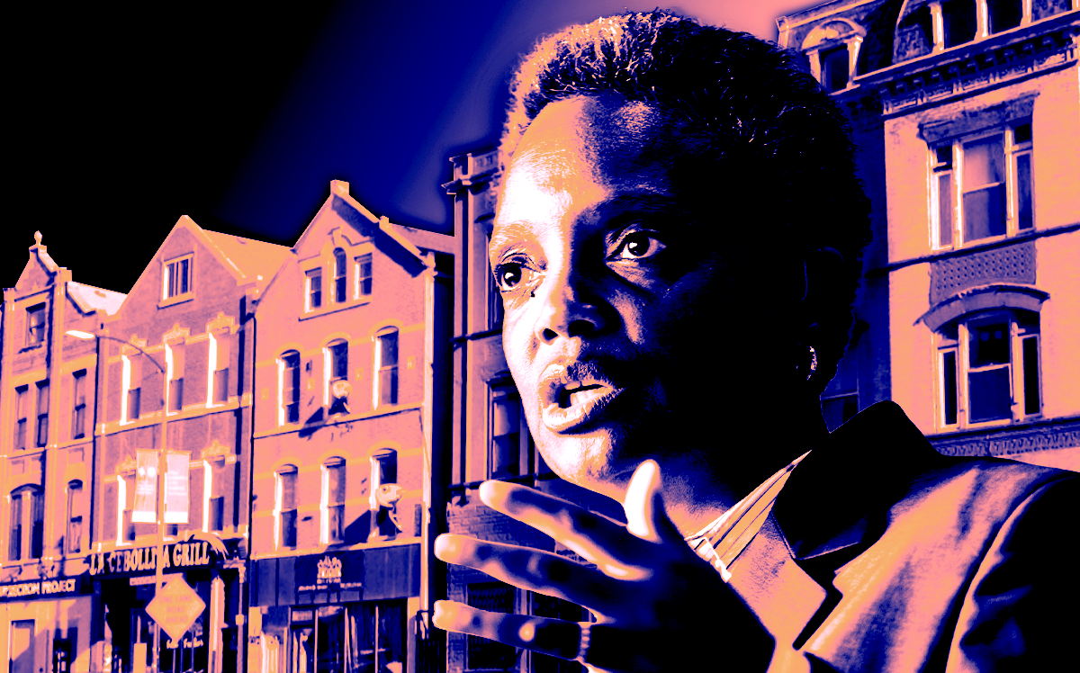 Lori Lightfoot, mayor of Chicago, in front of an illustration of Pilsen (Getty Images, LoopNet/Illustration by Steven Dilakian for The Real Deal)