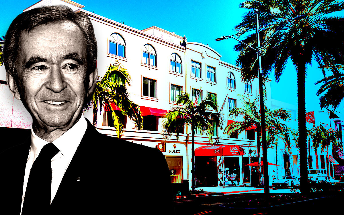 Bernard Arnault, chief executive officer, LVMH, in front of 360 N Rodeo Drive (Getty Images, LoopNet/Illustration by Steven Dilakian for The Real Deal)