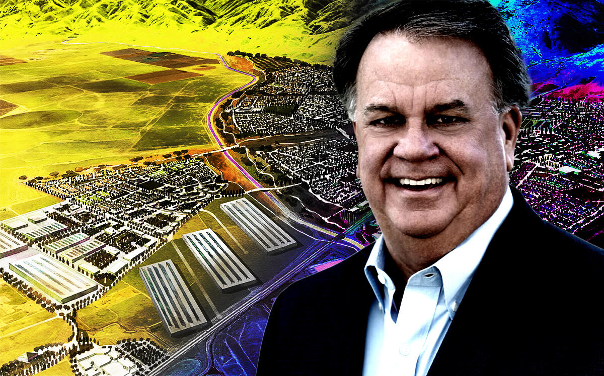 Gregory Bielli, chief executive officer, Tejon Ranch, in front of the Tejon Ranch Commerce Center (Tejon Ranch/Illustration by Steven Dilakian for The Real Deal)