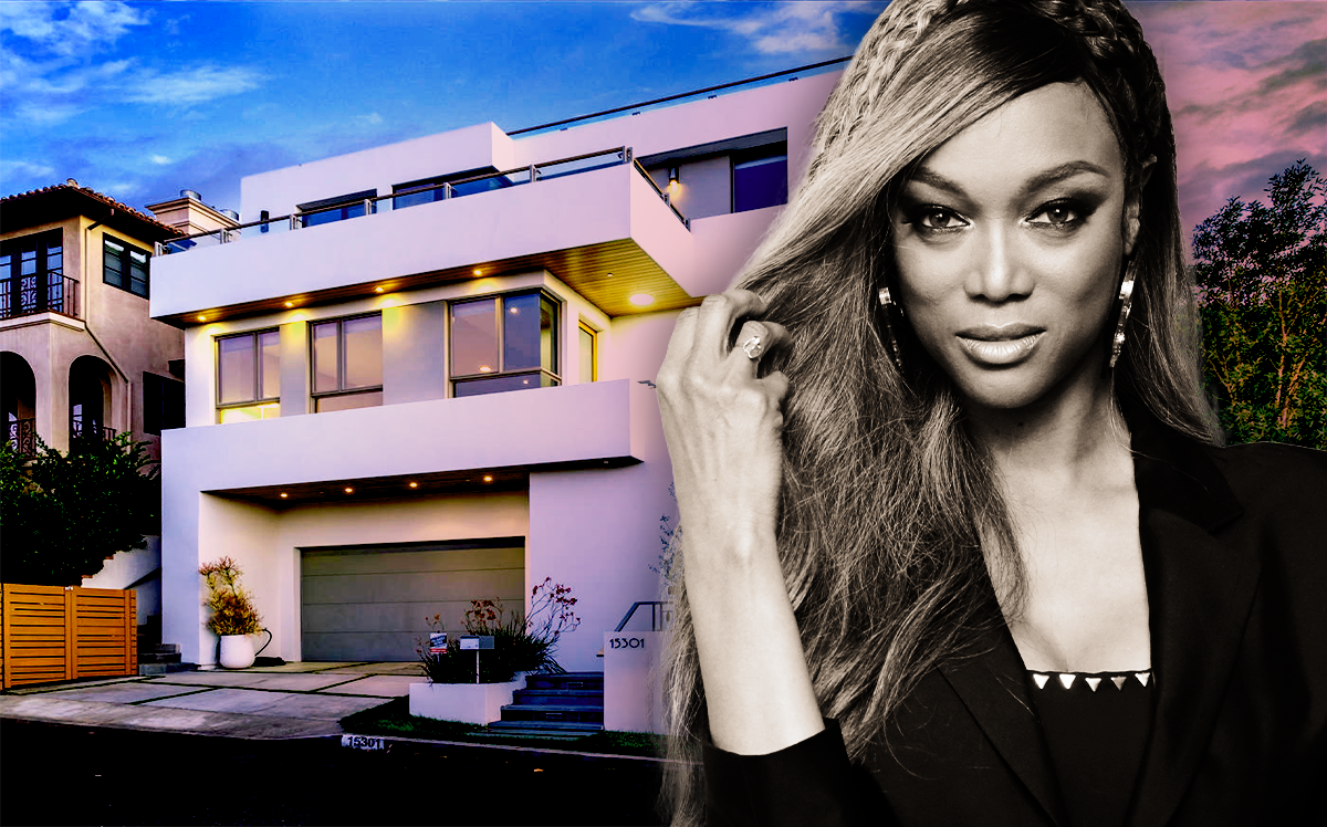 Tyra Banks in front of 15301 Whitfield Ave, Pacific Palisades, CA (Getty Images, Zillow)