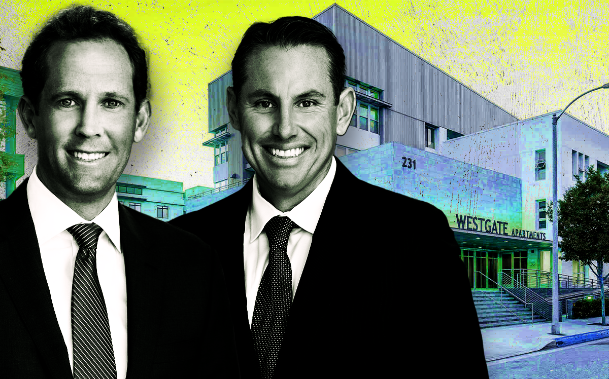 From left: John Drachman and Sean Rawson, co-founders of Waterford Property Company, in front of the Watergate Apartments complex in Pasadena (Waterford Property, iStock)