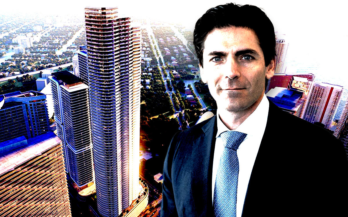 Camilo Miguel Jr., chief executive officer, Mast Capital, in front of a rendering of 1420 South Miami Avenue in Brickell (Mast Capital)