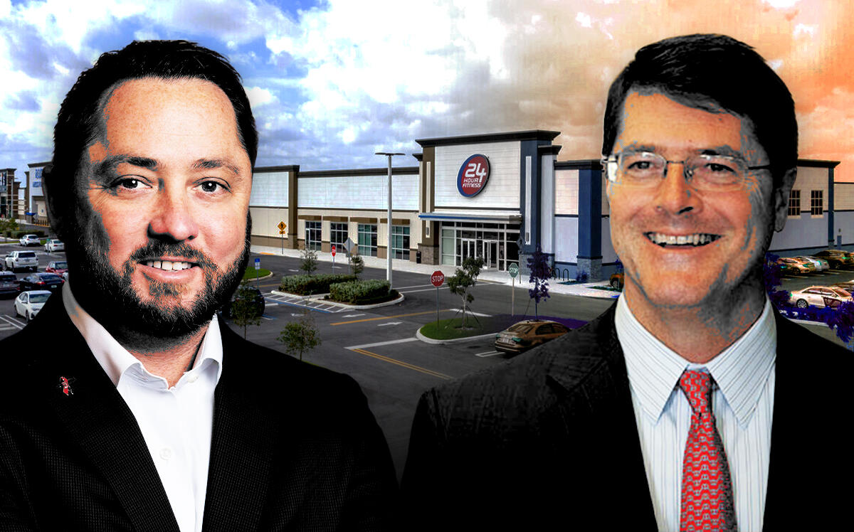 From left: Kenneth Stiles, chief executive officer, Stiles, and Jeff Furber, global chief executive officer, AEW Capital Management in front of the Shops at Beacon Lakes (Stiles, AEW Capital Management, LoopNet)