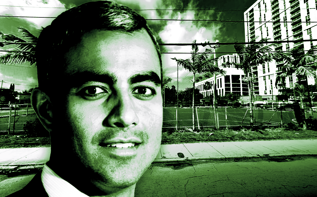 Neil Gehani, CEO, Trilogy Real Estate Group, in front of the miniature soccer fields at 2728 Northeast Second Avenue and 169 Northeast 27th Street in Miami (LinkedIn/NeilGehani, Google Maps)