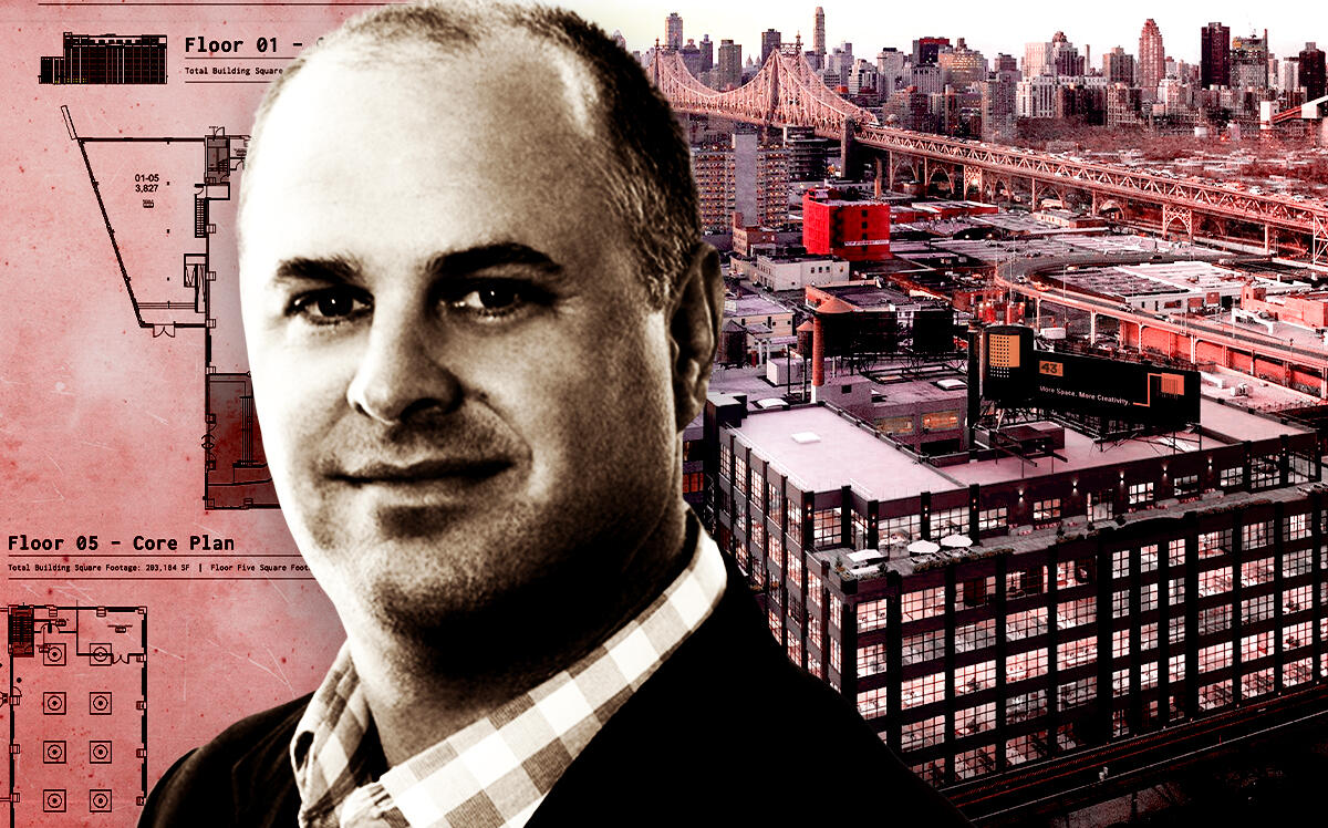 Adam Sichol, chief executive officer, Longfellow Real Estate Partners, in front of 43-10 23rd Street in Long Island City (43Ten.com, Longfellow Real Estate Partners/Illustration by Steven Dilakian for The Real Deal)