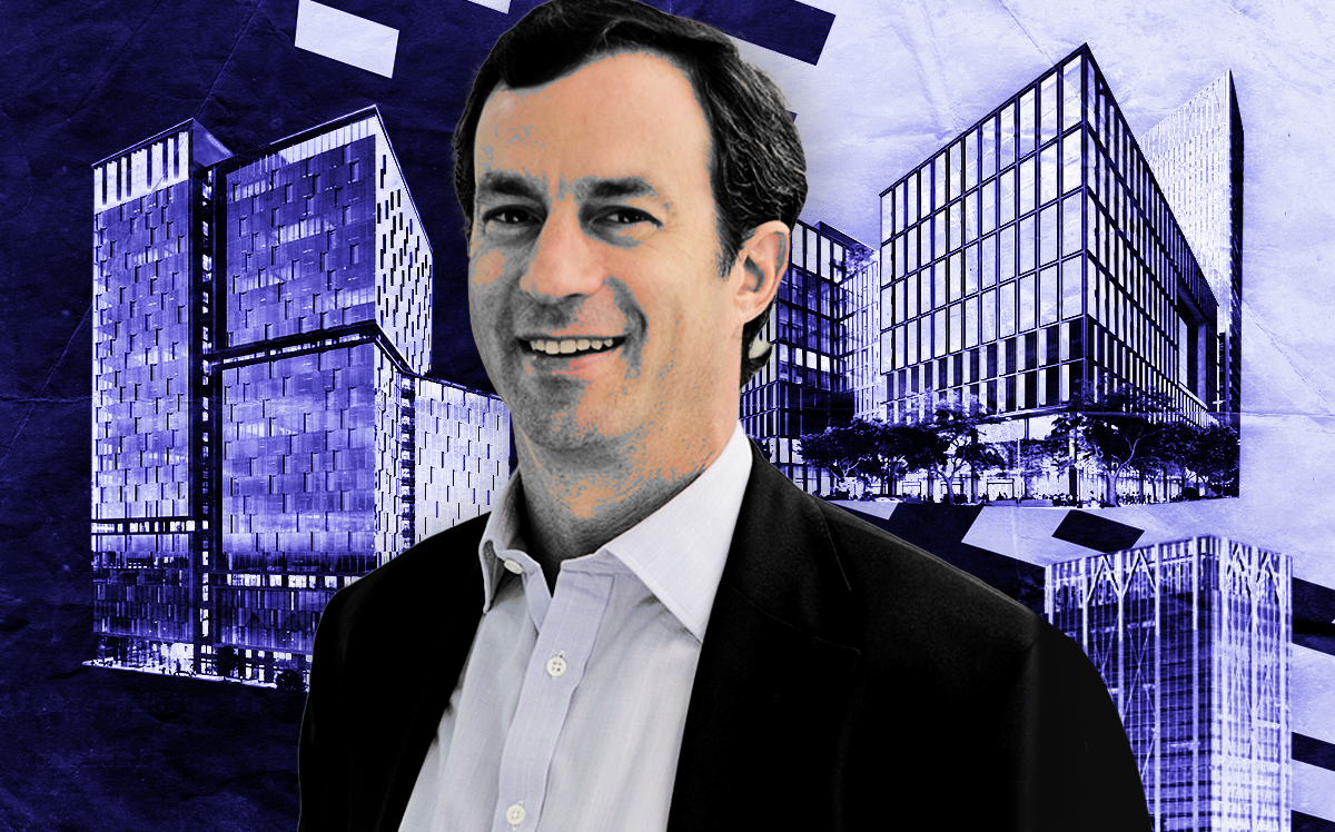 Matt Field, president, TMG Partners, in front of renderings of the three planned Oakland towers (TMG Partners, iStock/Illustration by Steven Dilakian for The Real Deal)