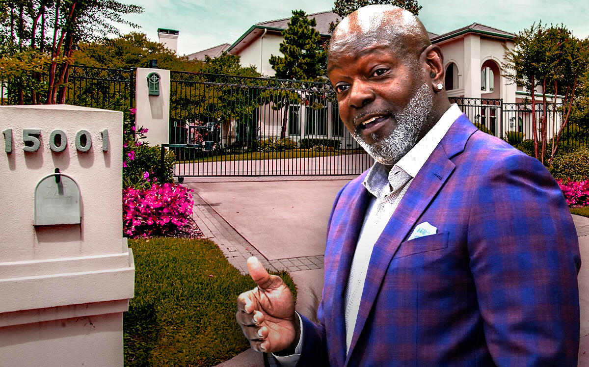 NFL Hall-of-Famer Emmitt Smith in front of his recently sold one-acre estate at 15001 Winnwood in Addison, TX (Getty Images, Redfin)