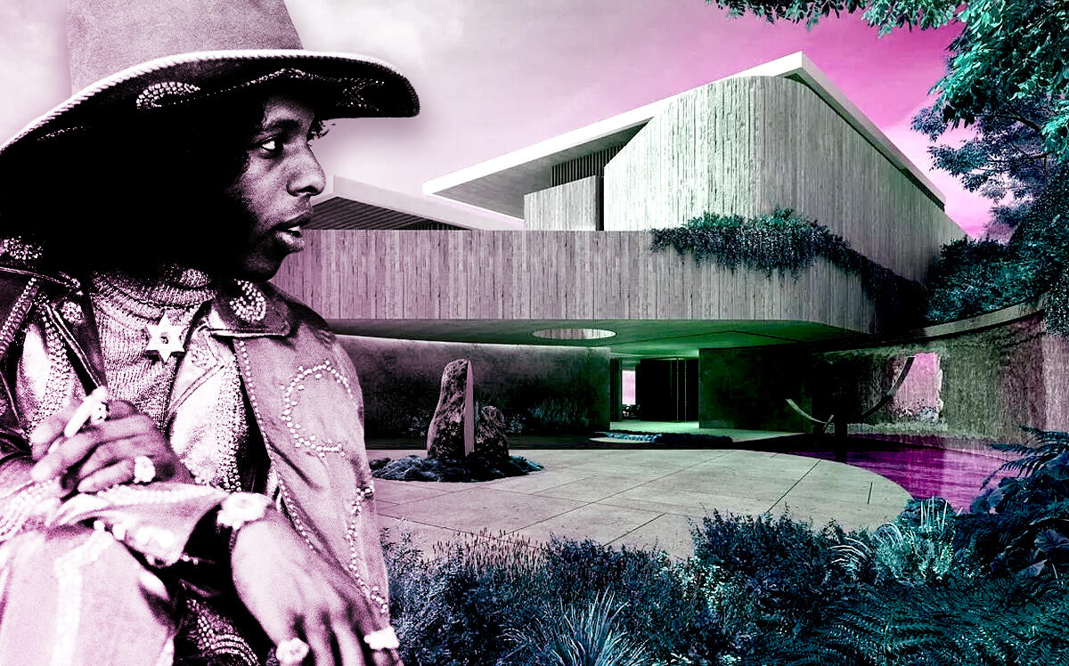 Sylvester "Sly Stone" Stewart, famed musician, songwriter and producer, in front of 783 N Bel Air Rd, Los Angeles (Getty Images, Zillow/Illustration by Steven Dilakian for The Real Deal)