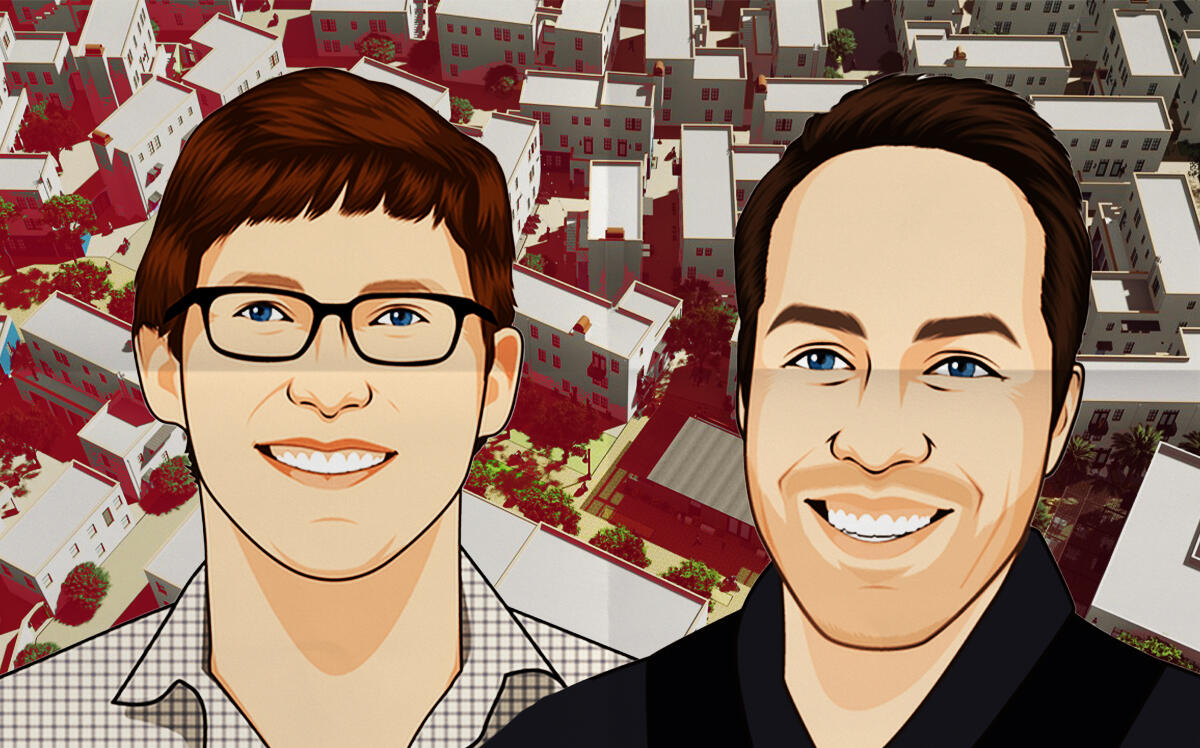 From left: Ryan Johnson and Jeff Berens, co-founders of Culdesac, in front of a rendering of Culdesac Tempe (Culdesac, iStock)