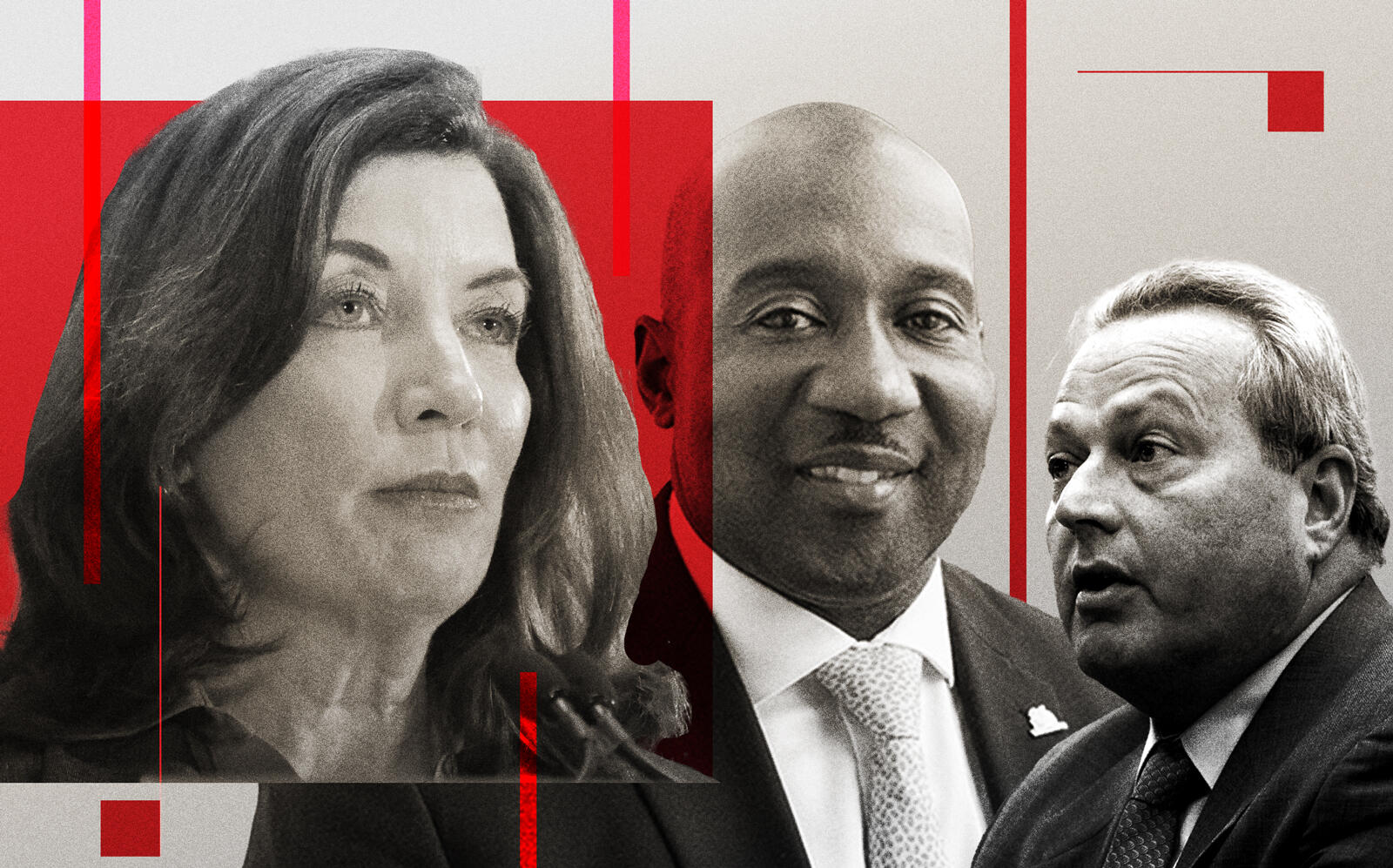 Gov. Kathy Hochul, RSA President Joseph Strasburg, The Fortune Society's Andre Ward (Getty, Fortune Society/Illustration by Kevin Rebong for The Real Deal)