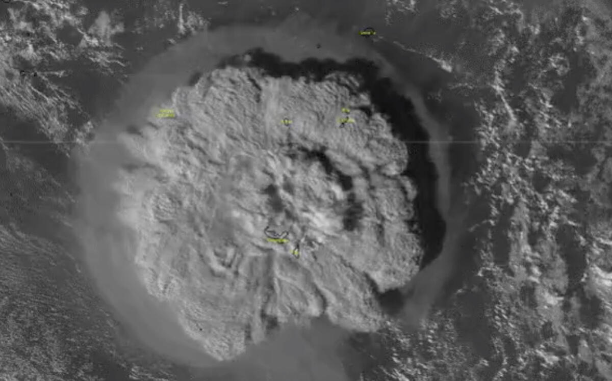 A satellite image of an underwater volcano eruption near Tonga. (National Weather Service)
