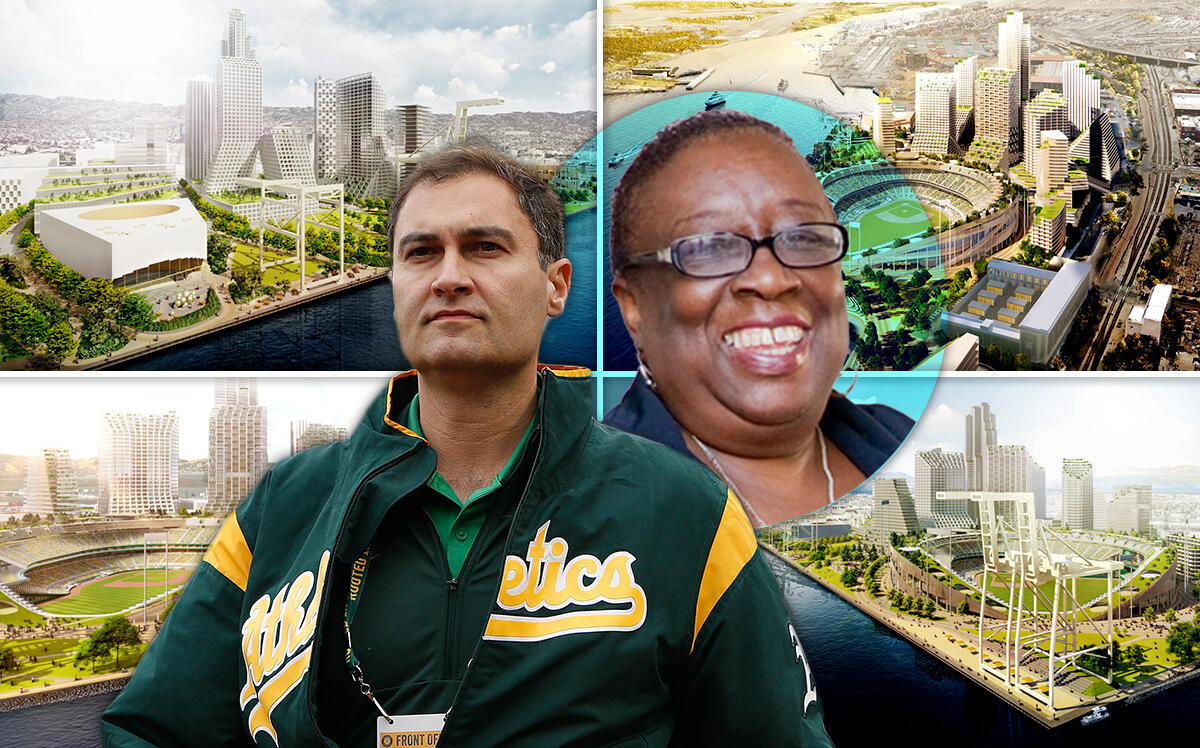 Renderings of the A's new ballpark, the A’s president Dave Kaval and Margaret Gordon with West Oakland Environmental Indicators Project (Getty, MLB, WOEIP)