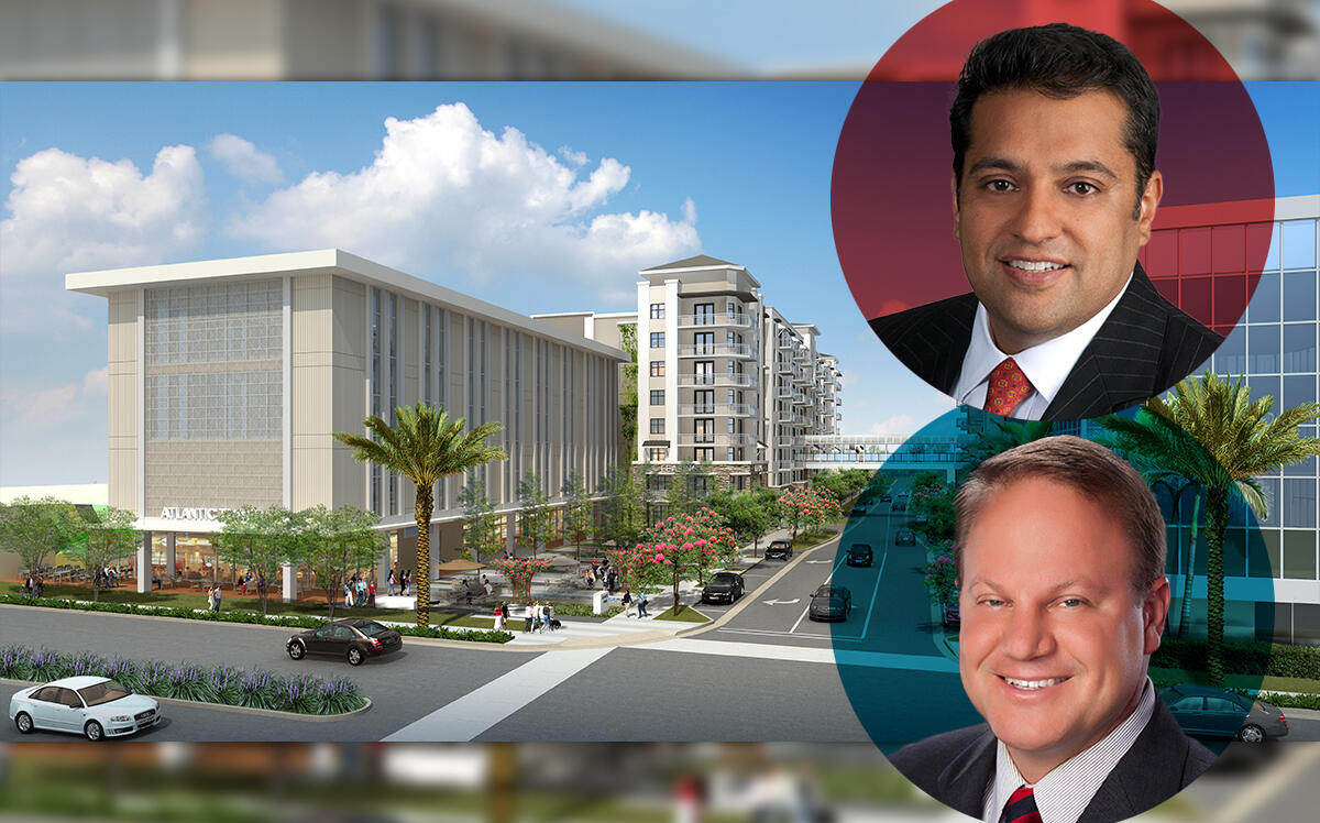 Grover Corlew Principals Mark Corlew and Anuj Grover and rendering of the Mayla Pompano apartment project (Grover Corlew)