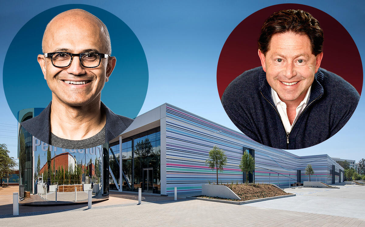 Microsoft CEO Satya Nadella, Activision Blizzard CEO Bobby Kotick and 2701 Olympic Boulevard (Wikipedia, Loopnet)