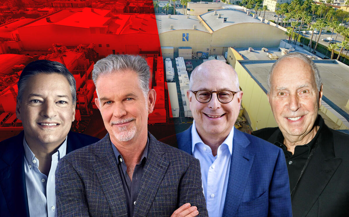Netflix co-CEOs Reed Hastings and Ted Sarandos and Raleigh Studios with Hackman Capital Partners CEO Michael Hackman and George Rosenthal of Raleigh Enterprises (Getty, Hackman Capital, Raleigh Studios)