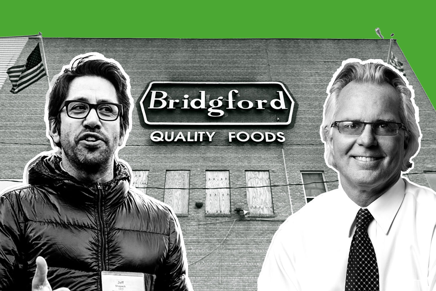 Shapack Partners CEO Jeff Shapack, the Bridgford Foods plant at 170 N. Green Street, and Clayco Bob Clark (Google Maps, Clayco) 