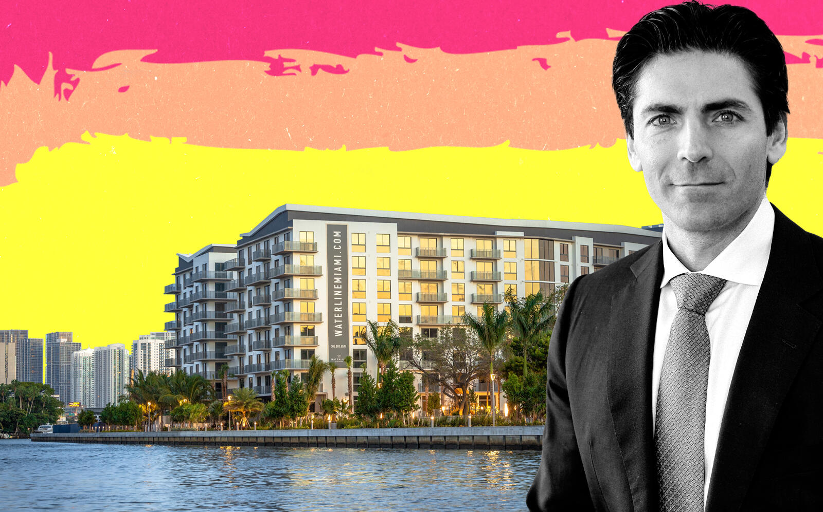 Mast Capital CEO Camilo Miguel Jr. and a rendering of Waterline Miami River (Mast Capital)