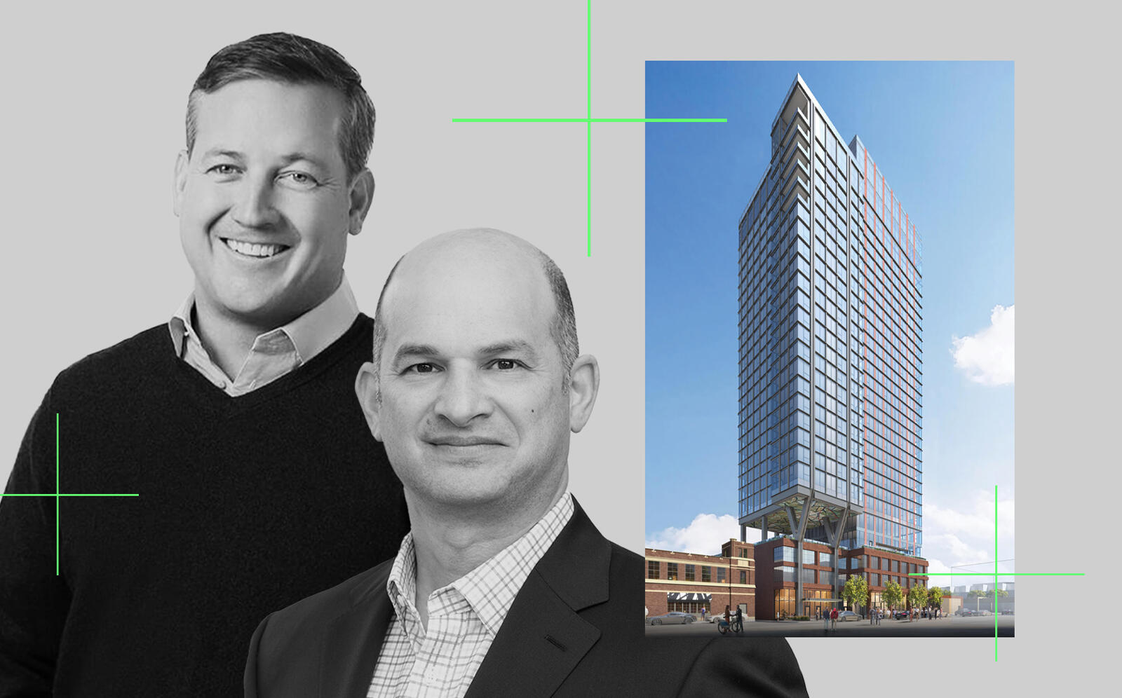 Sterling Bay's Andy Gloor, Ascentris' Gabe Finke, and a rendering of 160 North Morgan (Sterling Bay, Accentris)