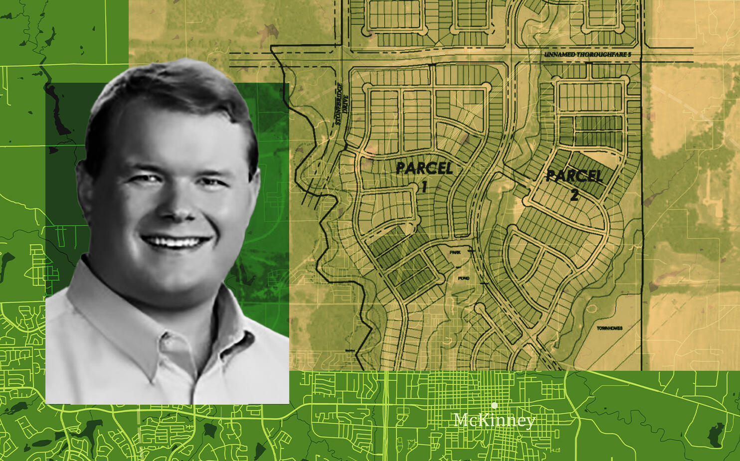Hines' Dustin Davidson and a map of the parcel in McKinney, Texas (Hines, LinkedIn)