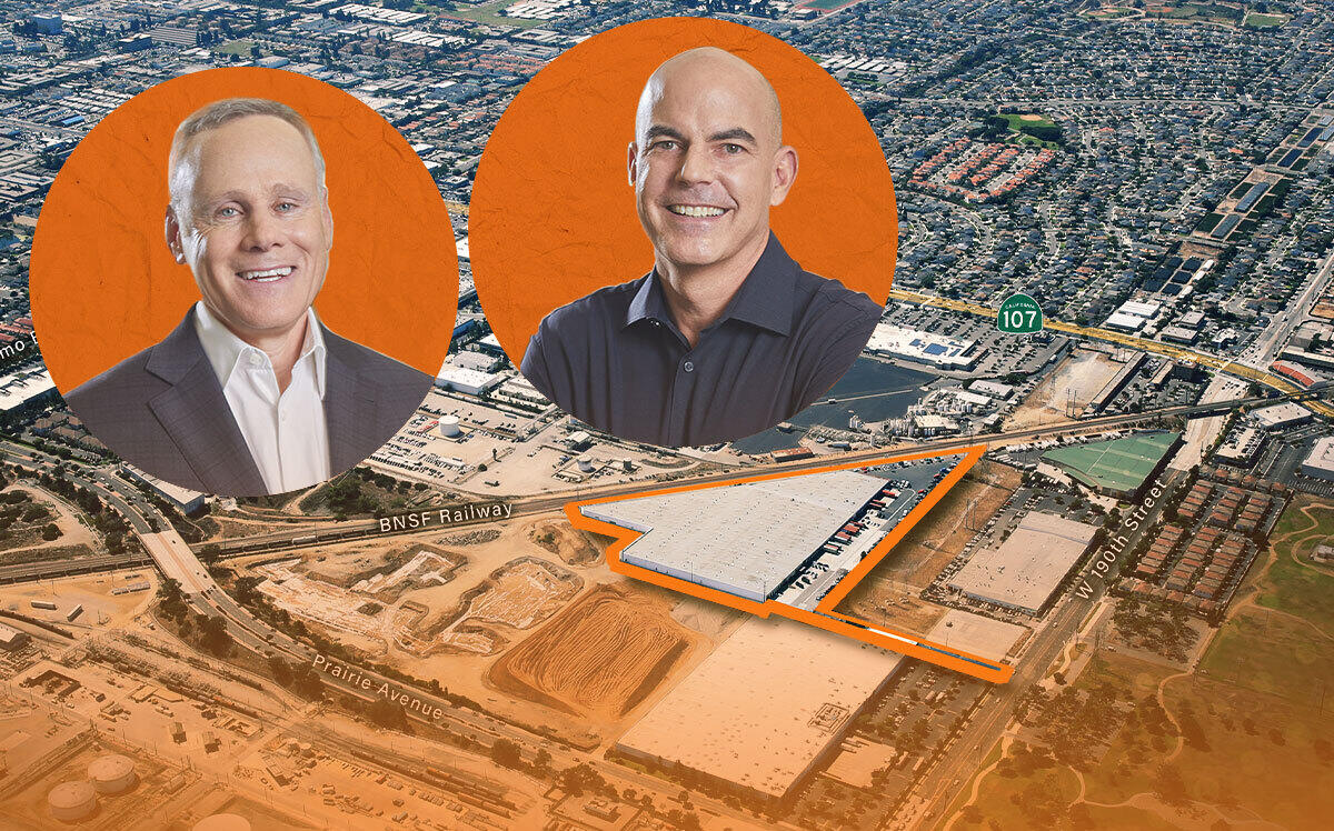 Rexford Industrial Realty co-CEOs Michael Frankel and Howard Schwimmer and property at 4240 West 190th Street (Wexford Industrial Realty, Newmark)