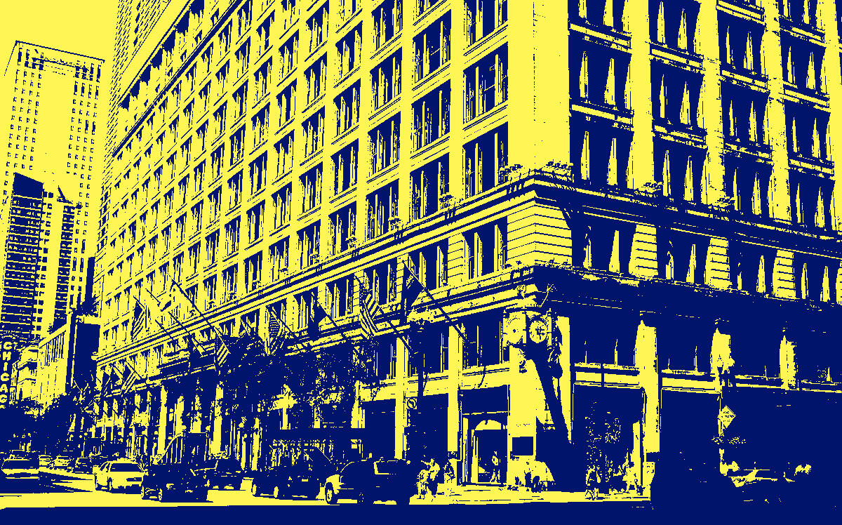 A photo illustration of the Marshall Field and Company Building (Wikimedia Commons/Ken Lund)