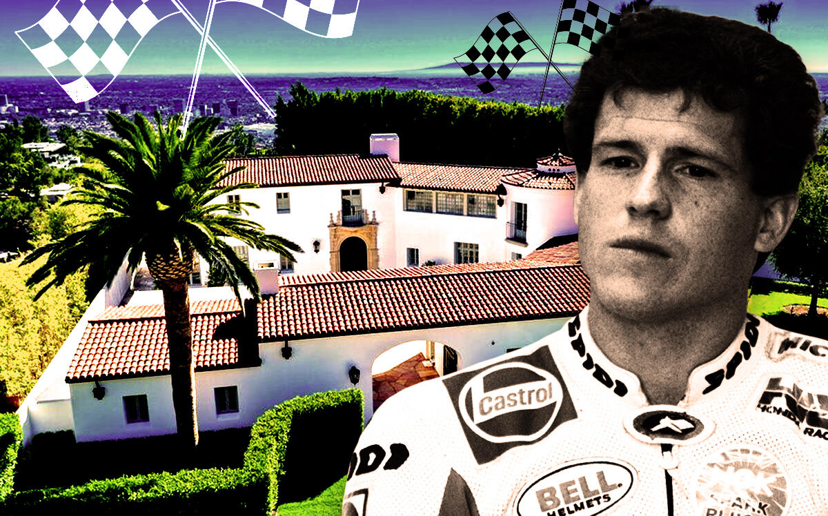 John Kocinski, a one-time Grand Prix motorcycle racer turned real estate developer, in front of 9240 Robin Drive (Getty Images, Redfin, iStock/Illustration by Steven Dilakian for The Real Deal)