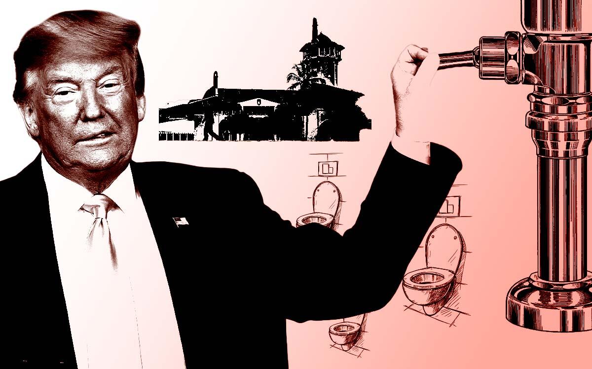 Donald Trump and The Mar-a-Lago Club in Palm Beach (Getty Images, LoopNet, iStock/Illustration by Steven Dilakian for The Real Deal)