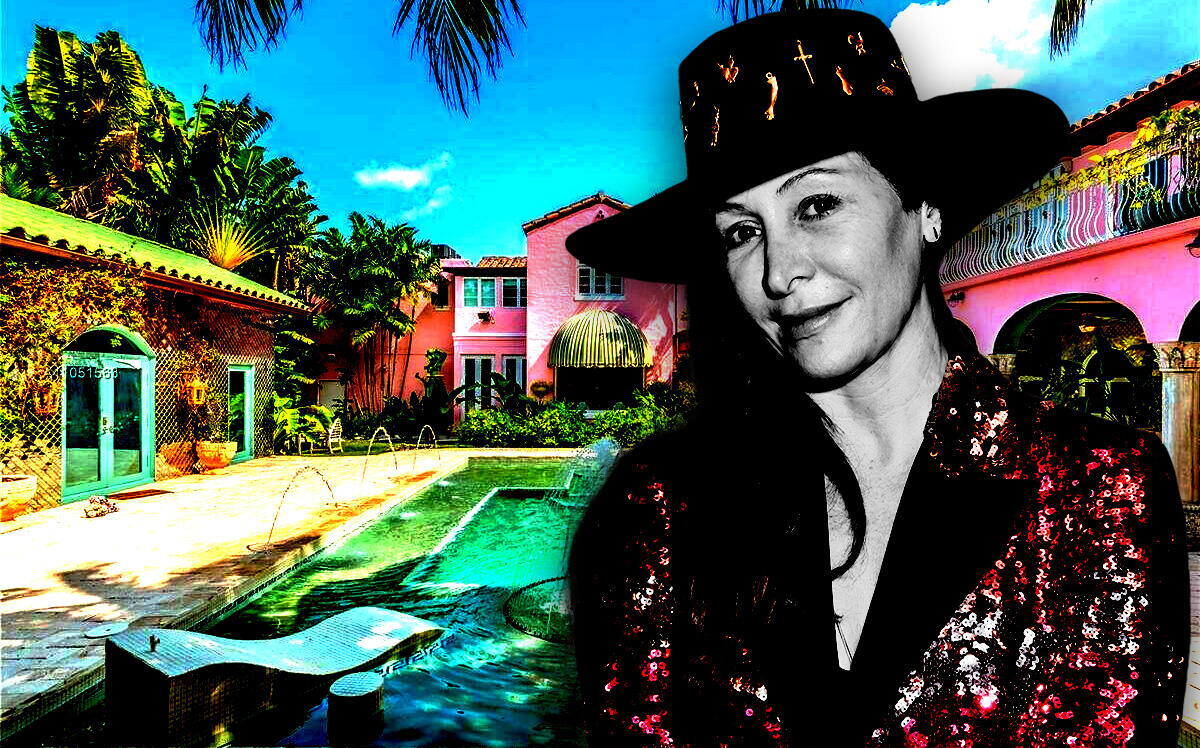 Ximena Caminos in front of 5454 Pine Tree Drive (Getty Images, Realtor.com/Illustration by Steven Dilakian for The Real Deal)