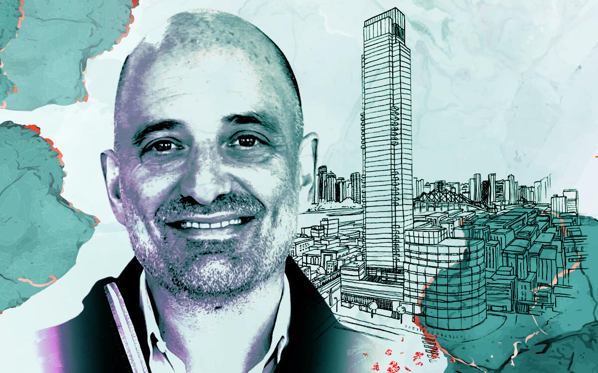 Kael Goodman, founder and chief executive officer, Marketproof, in front of an illustration of the Skyline Tower (Marketproof, Skyline Tower, iStock)
