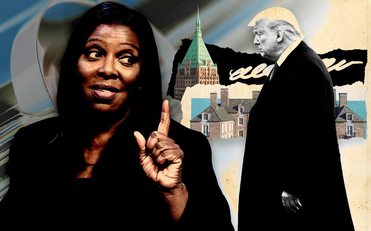 From left: Letitia James, attorney general of New York; Donald Trump, 45th U.S. president (Getty Images, Wikipedia/ChrisRuvolo, iStock/Illustration by Steven Dilakian for The Real Deal)