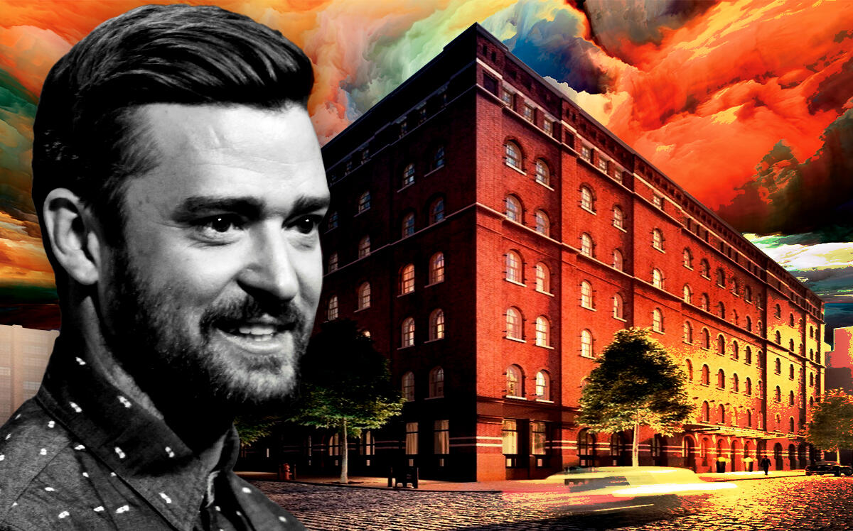 Justin Timberlake - celebrity singer, songwriter, producer and actor - in front of 443 Greenwich (Wikipedia/Gage Skidmore, Compass, iStock/Illustration by Steven Dilakian for The Real Deal)
