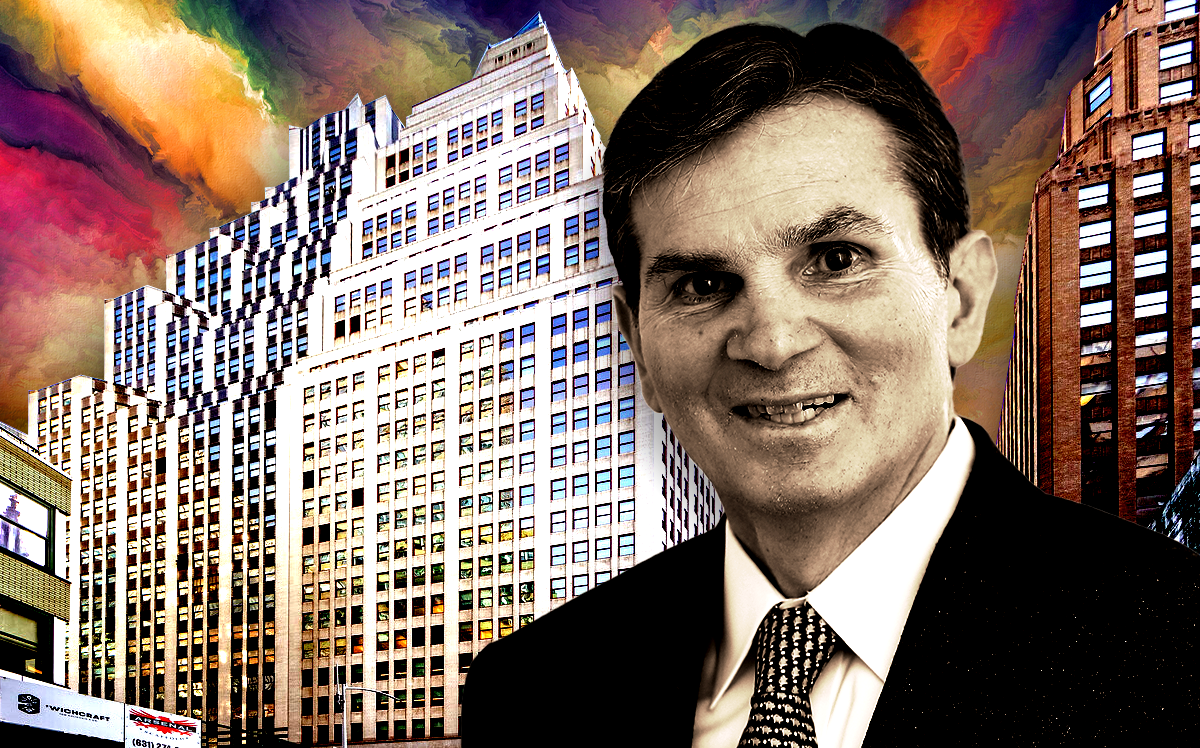Joseph DePaolo, chief executive officer, Signature Bank in front of 1400 Broadway in Manhattan (Signature Bank, LoopNet, iStock/Illustration by Steven Dilakian for The Real Deal)