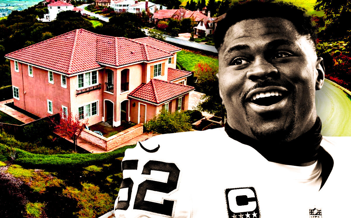 NFL linebacker Khalil Mack in front of 1039 Hawkshead Circle in San Ramon, CA (Getty Images, MLS Listings/Photo Illustration by Steven Dilakian for The Real Deal)