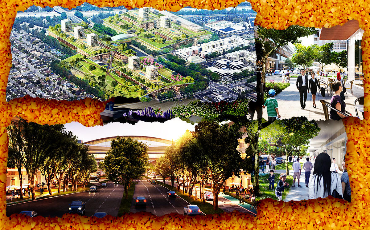 A collage of renderings of the Vallco Town Center in Cupertino (Revitalize Vallco, iStock)