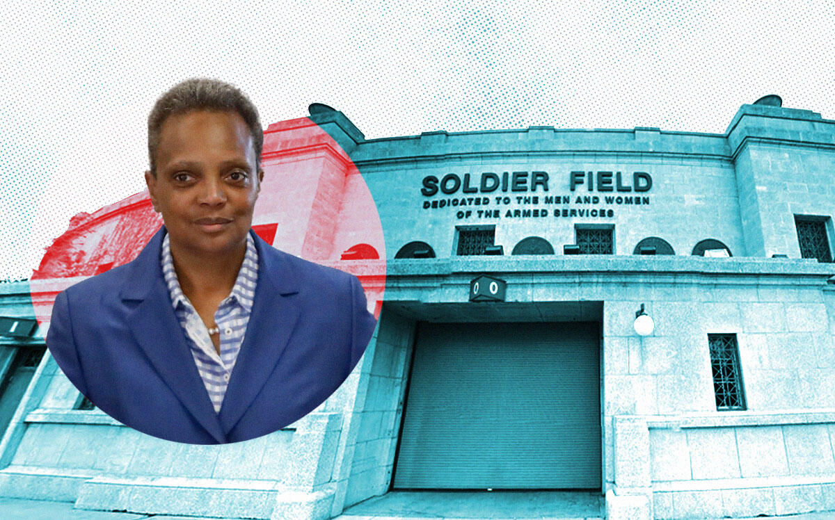 Mayor Lori Lightfoot with Soldier Field (Getty, Google Maps, iStock)
