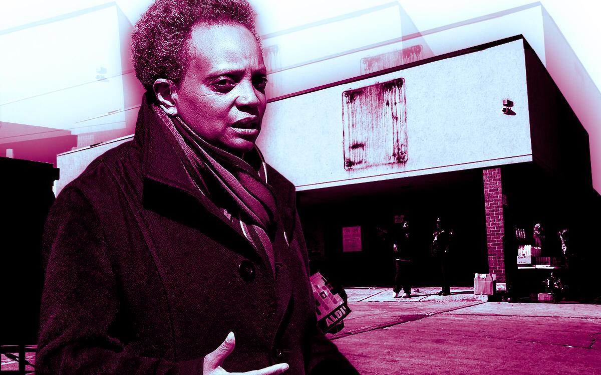 Lori Lightfoot in front of the shuttered Aldi at 3835 West Madison Street (Getty Images, LoopNet/Illustration by Steven Dilakian for The Real Deal)