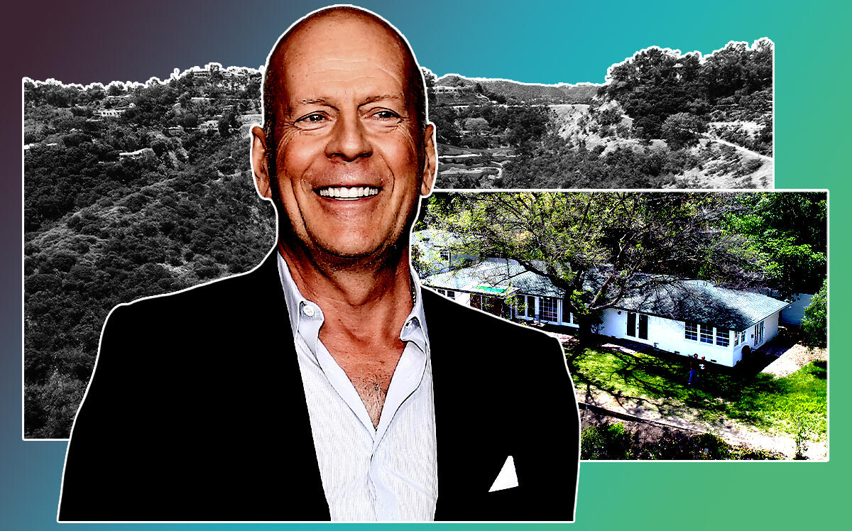 Bruce Willis, celebrity actor, in front of the 31-acre property at 13511 Mulholland Drive, Beverly Hills (Getty Images, Kealy Construction)