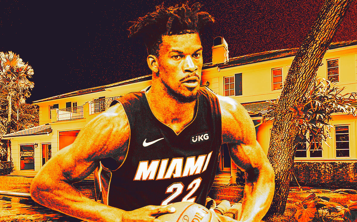 Jimmy Butler, professional NBA player for the Miami Heat, in front of 7416 Southwest 49th Place in Miami (Getty Images, Zillow/Photo-illustration by Steven Dilakian/The Real Deal)