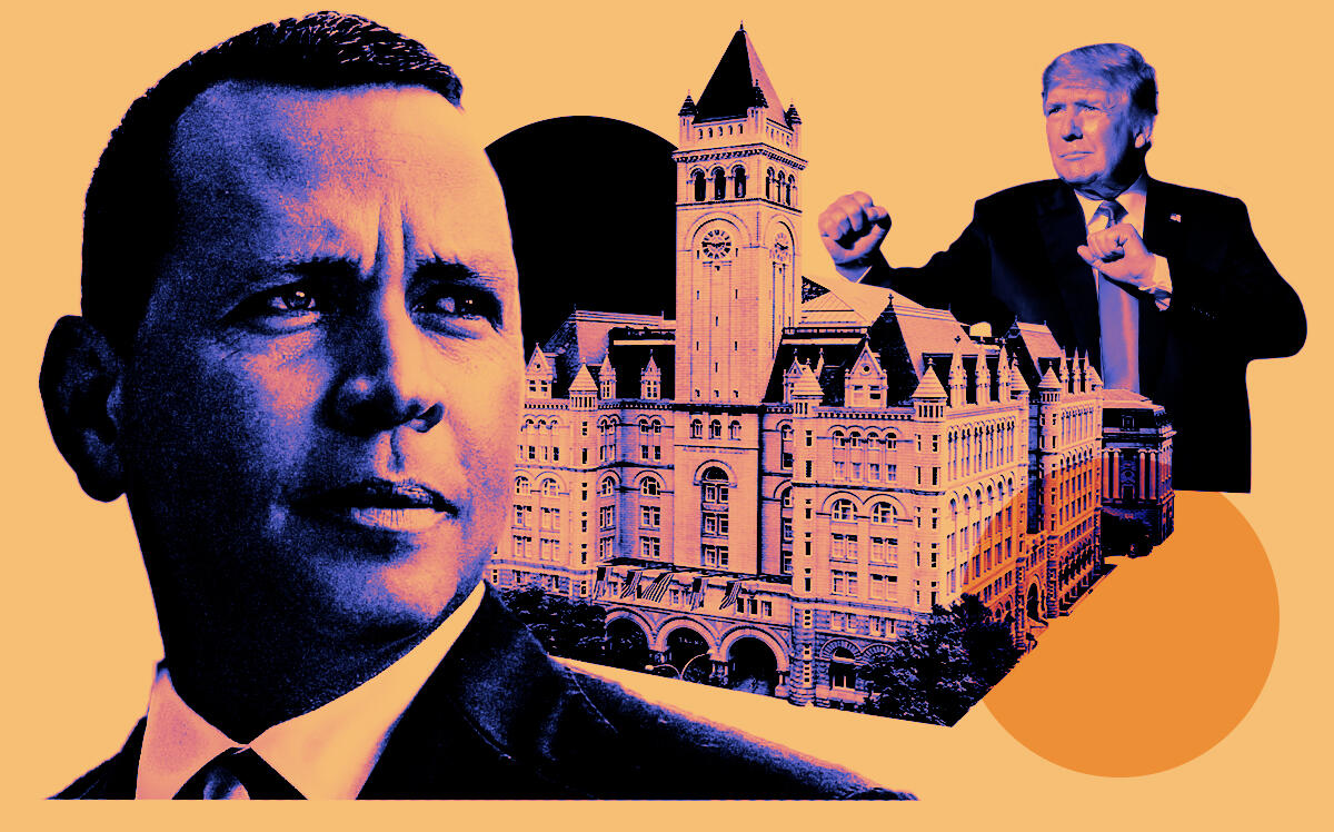 From left: Alex Rodriguez and Donald Trump along with the Trump International Hotel in Washington D.C. (Getty Images, Trump.com, iStock/Illustration by Steven Dilakian for The Real Deal)