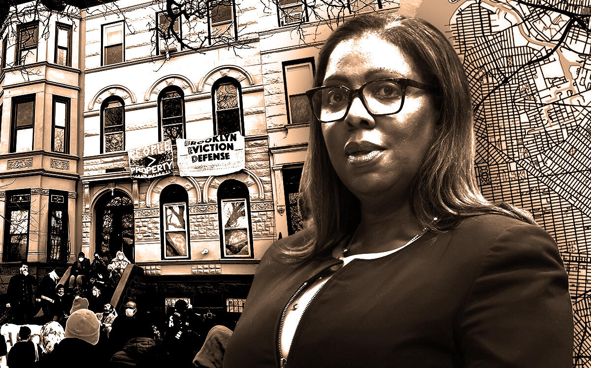 Letitia James, attorney general of New York, in front of 964 Park Place in Crown Heights (Getty Images, iStock/Illustration by Steven Dilakian for The Real Deal)