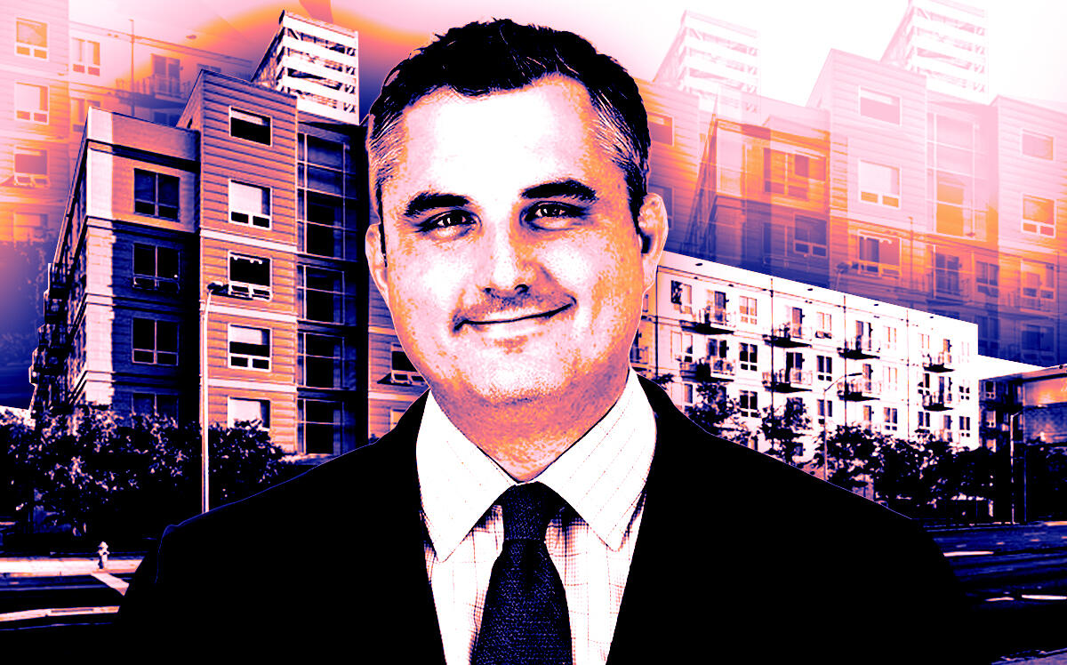Adam Carr, executive vice president of investments, Monday Properties, in front of 75 Tresser (Monday Properties/Photo Illustration by Steven Dilakian for The Real Deal)