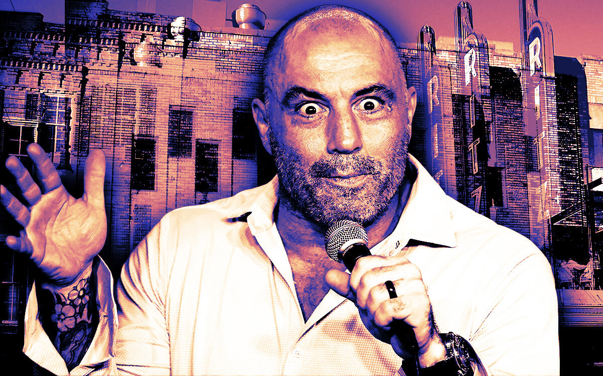 Joe Rogan in front of the Ritz Theater in Austin (Getty Images, WhisperToMe/via Wikimedia Commons - Photo Illustration by Steven Dilakian for The Real Deal)