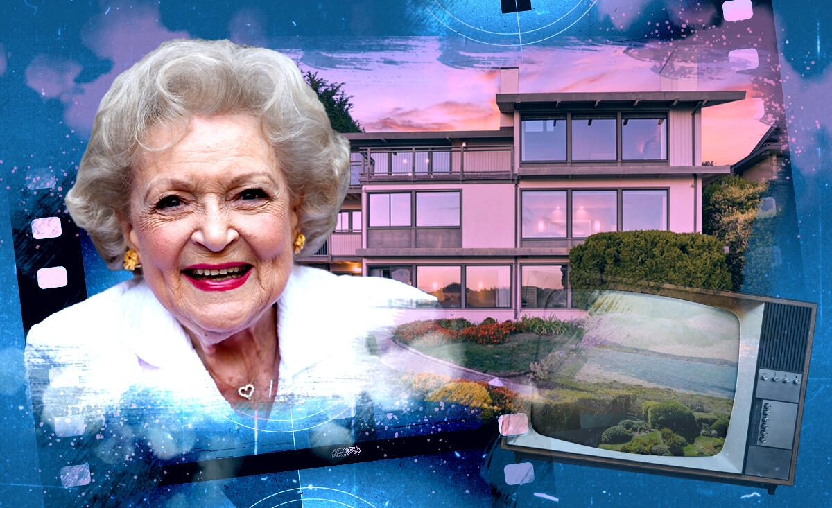 Betty White with 2625 Ribera Rd (Getty, Redfin, iStock, Illustration by Shea Monahan for the Real Deal)