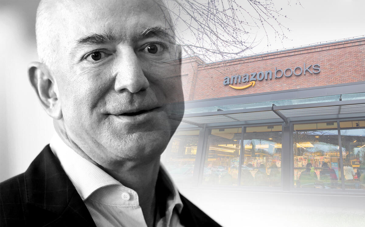 Jeff Bezos and the first Amazon Bookstore at 4601 26th Avenue NE, Seattle (Getty, iStock)