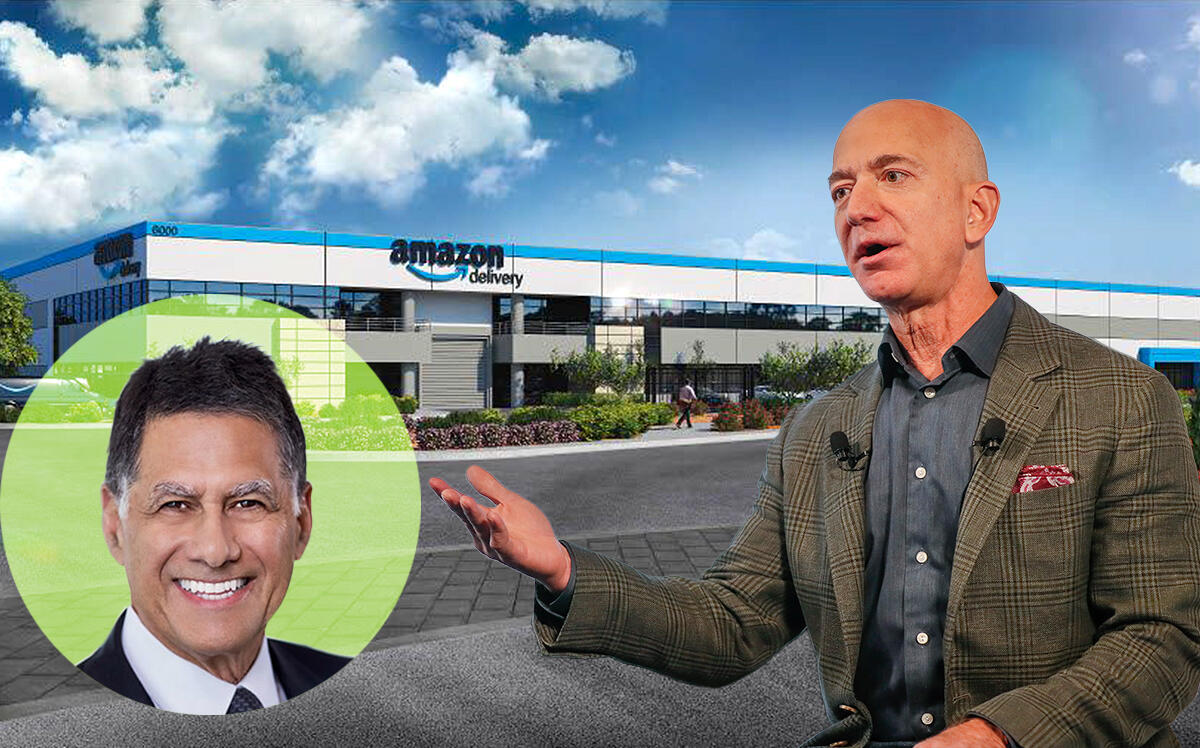 Jeff Bezos and American Realty Advisors CEO Stanley Lezman with 6000 Condor Drive (Getty, Transwestern Development Company, ARA Capital)